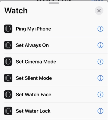 Available Shortcuts actions for Apple Watch