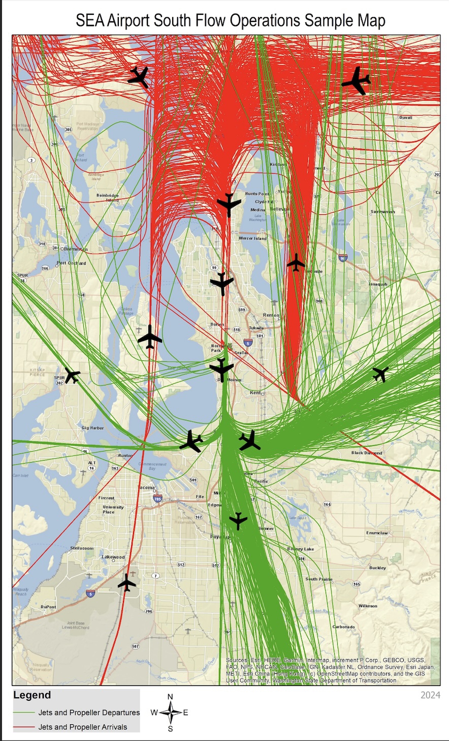 The South Flow SeaTac Arrival Corridor; Red indicates arrivals